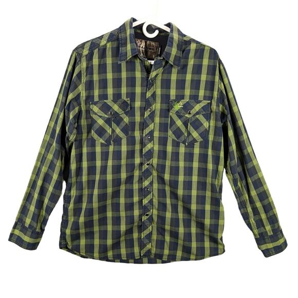 Realtree Shirt Mens Medium Green Checkered Pearl Snap Western Rodeo Country Farm - Picture 1 of 8